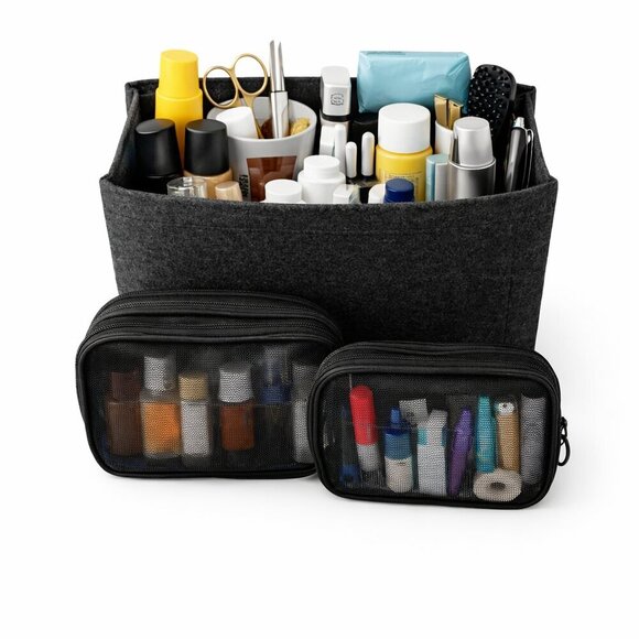 Generic Accessories - Bundle Deal – Makeup Cases + Handbag Insert Organizer – Black, Multi-Pocket Stor